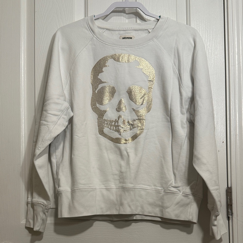Zadig & Voltaire White Crewneck with Gold Skull